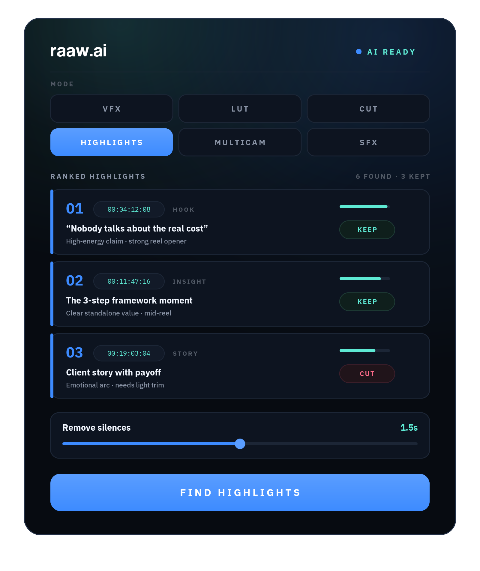 RAAW.AI Highlights panel
